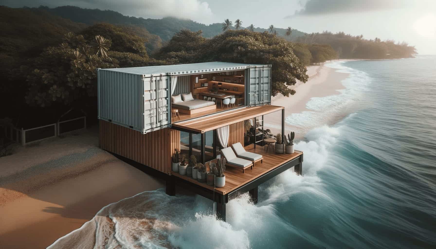 DALL·E 2023 10 19 09.15.33 Photo of a container cabin by the beach with the waves crashing nearby. The cabin looks stylish with wooden panels and a rooftop lounge area providi